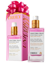 Truly Beauty Unicorn Fruit After Shave Serum bottle close-up shows a lightweight, fast-absorbing formula for calm skin.