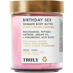 Truly Birthday Sex Shimmer Butter jar closeup highlights rosy glow for radiant skin.