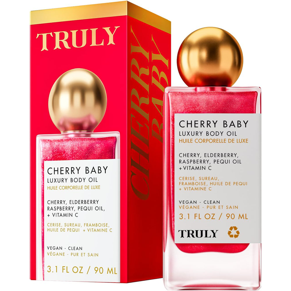 Truly Cherry Baby Oil bottle closeup for luxurious skin hydration.