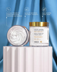 Truly Coco Cloud Luxury Shave Butter ingredient card highlights coconut milk and mango seed butter for moisturization.