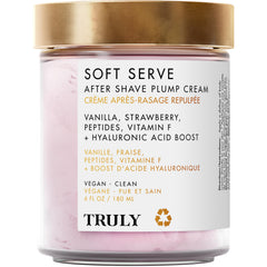 Truly Soft Serve After Shave Cream jar shows rich hydration for smoother post-shave skin.