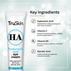 TruSkin eye cream tube dispensing showing lightweight, hydrating formula for under-eye care.