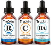 TruSkin Face Serum Trio bottles on counter for a complete brightening routine.