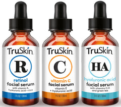 TruSkin Face Serum Trio bottles on counter for a complete brightening routine.