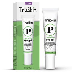 TruSkin Peptide Eye Gel bottle closeup highlighting brightening and hydrating eye care.