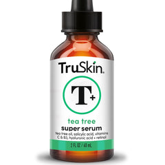 TruSkin Tea Tree Oil Acne Serum bottle on vanity for daily skin clarifying routine