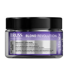 TRUSS Blond Revolution mask bottle closeup shows color-enhancing moisture for blonde hair.