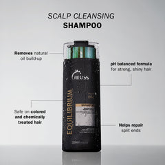 TRUSS Equilibrium oily-scalp shot demonstrates purifying cleanse helping reduce excess shine.