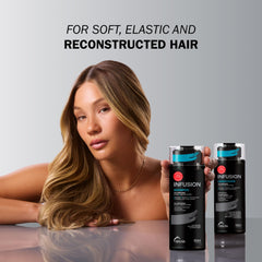 TRUSS Infusion conditioner being applied to damp hair for smoothing and manageability.