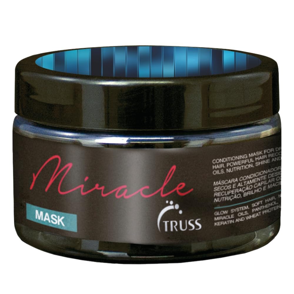 TRUSS Miracle Hair Mask bottle pouring for quick hydration and conditioning.
