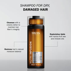 TRUSS Nutri Infusion Shampoo label close-up featuring Myrica Fruit Wax for moisture balance