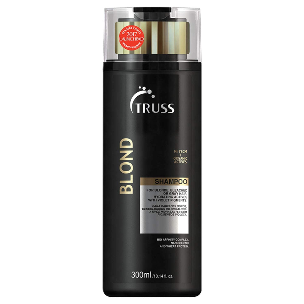TRUSS purple shampoo bottle front for blondes with color-correcting potential