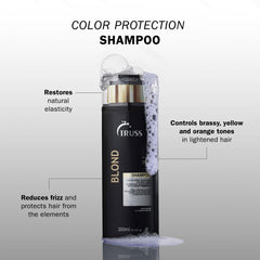 TRUSS purple shampoo bottle pour shows brassy-neutralizing action for blonde hair