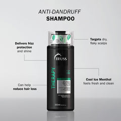 TRUSS Therapy Anti Dandruff Shampoo label closeup highlights pH-balanced paraben-free formula.