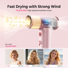 Trylater mini hair dryer ionic technology for frizz reduction during styling.