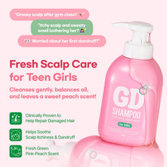 TS GD Shampoo bottle back label explains sulfate-free, fragrance-safe ingredients for sensitive teens.