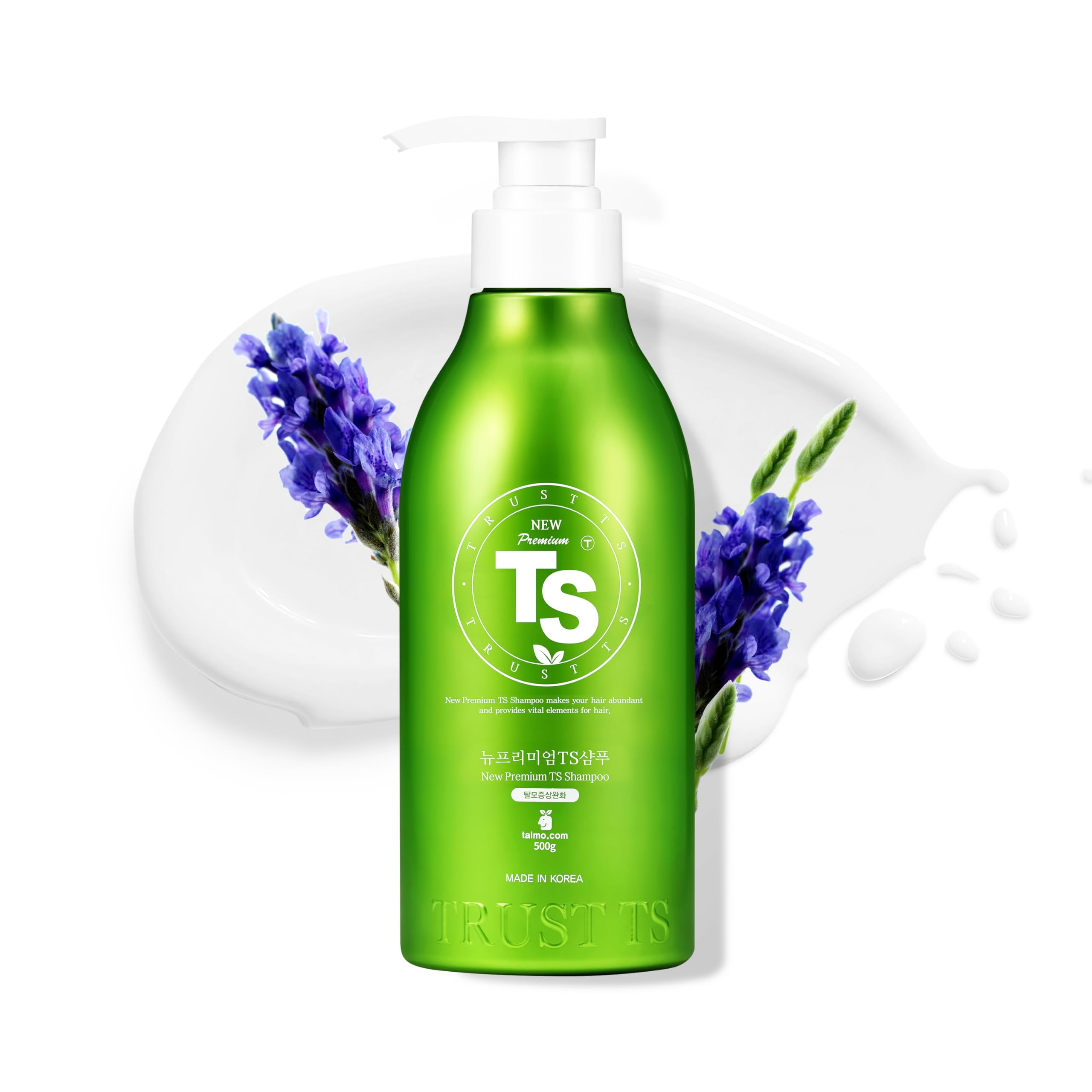 TS New Premium Shampoo bottle closeup shows premium care for thinning hair