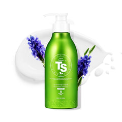 TS New Premium Shampoo bottle closeup shows premium care for thinning hair