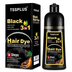 TSSPLUS Black Hair Dye Shampoo bottle demonstrates at-home gray coverage convenience.