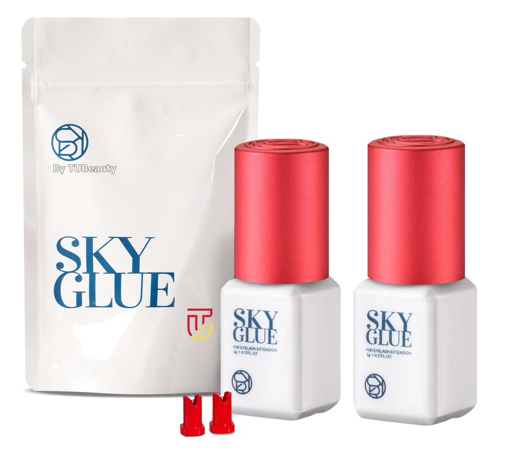 TUBeauty Sky Glue S bottle close-up showing ultra-fast 1-2s dry time for lash extensions.
