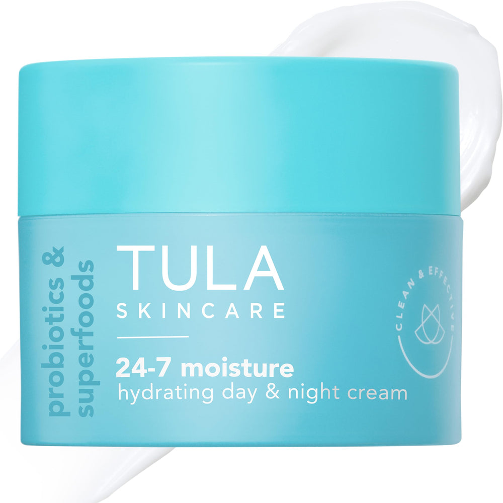 TULA 24-7 Hydrating Day-Night Cream bottle for daily moisture across skin types.