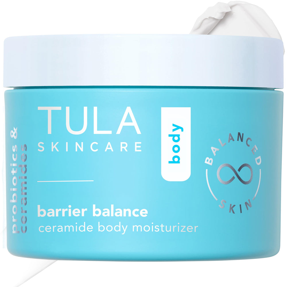 TULA Barrier Balance Ceramide Body Moisturizer bottle shows daily hydration and barrier protection.