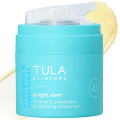 TULA Bright Start bottle close-up, illustrating a lightweight gel-cream hydration.
