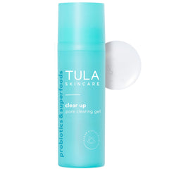 TULA Clear Up bottle pour shows the pore-clearing gel ready for use.