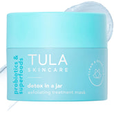 TULA detox mask jar closeup shows clay texture with impurities drawn out.