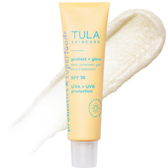 TULA Protect + Glow sunscreen gel packaging shows SPF 30 skincare-first design.