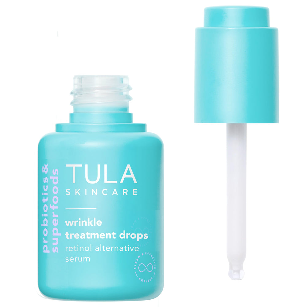 TULA Wrinkle Treatment Drops bottle closeup for daily skincare with soothing serum.