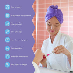 Turbie Twist microfiber hair towel wrap in light purple, highlights absorbency for fast drying.