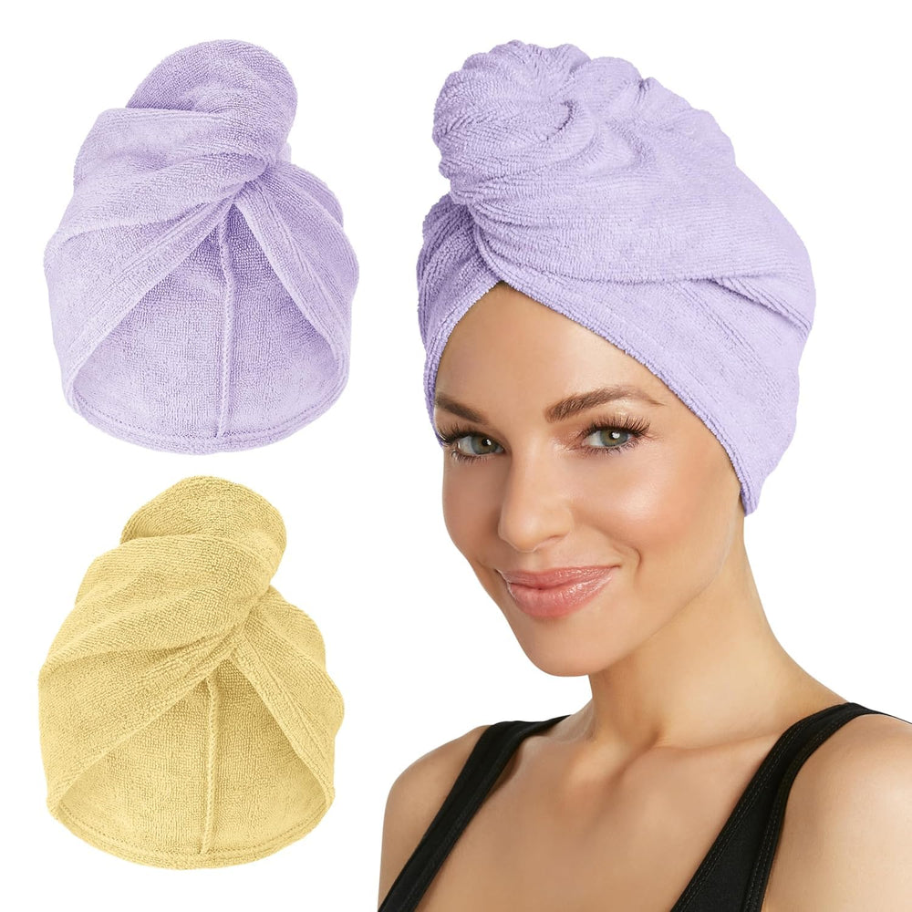Turbie Twist 2-pack microfiber hair towel in lilac and lemon for quick, gentle drying