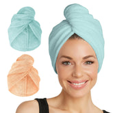 Turbie Twist 2-pack microfiber hair towel Bermuda closeup highlights quick absorbency for all hair types.