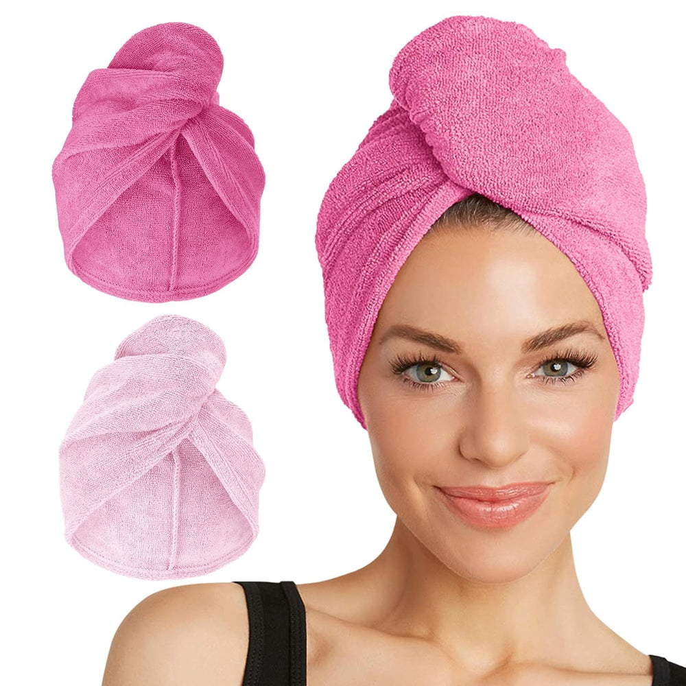 Turbie Twist 2-pack microfiber hair towel in dark pink and light pink for quick-dry routine.