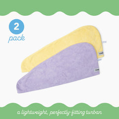 Turbie Twist lilac hair wrap worn for fast frizz reducing drying