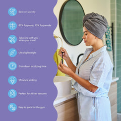 Turbie Twist model wearing hair turban demonstrates gentle, secure wrap for easy styling.