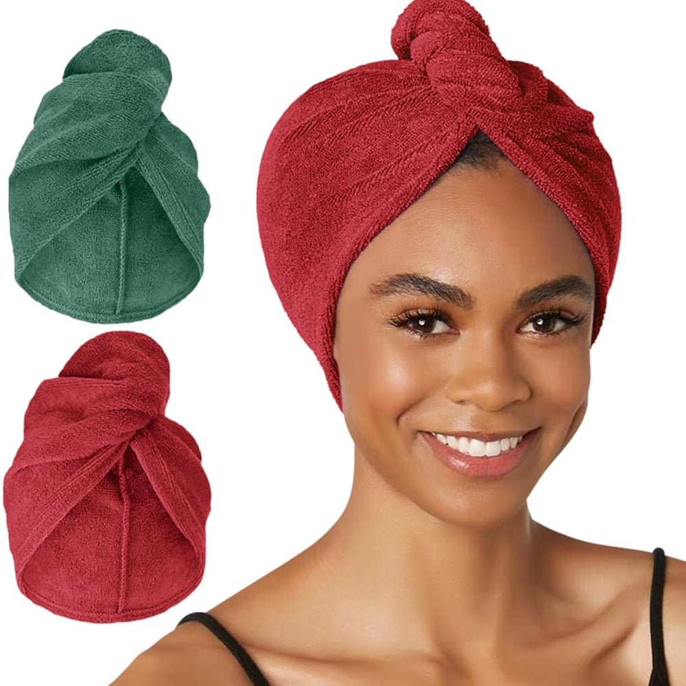 Turbie Twist microfiber hair towel in green pack quickly absorbs moisture.