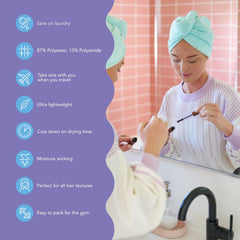 Turbie Twist purple hair towel on head demonstrates secure twist loop fit.