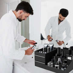 Turesmith perfume organizer drawer open shows seven compartments for skincare and fragrance