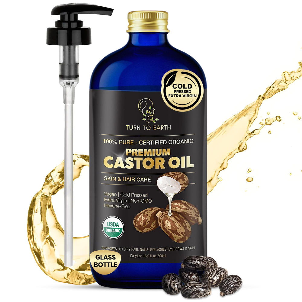 TURN TO EARTH Castor Oil bottle with pump for easy application and salon-ready convenience.