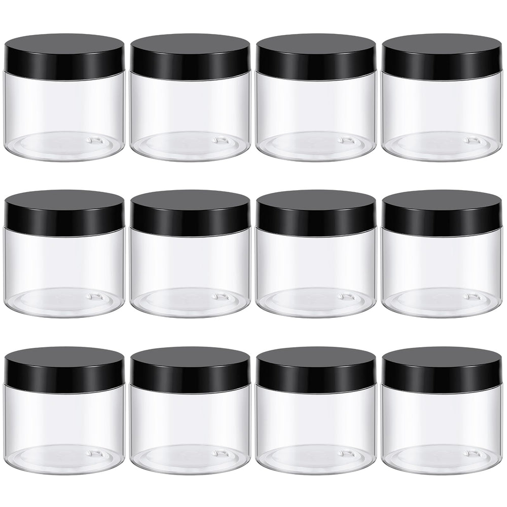 TUZAZO 6oz clear plastic jar with black lid for precise cosmetic storage.