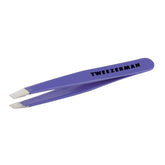 Tweezerman Mini Slant Travel Tweezers lilac close-up highlights precise aligned tips for brow shaping