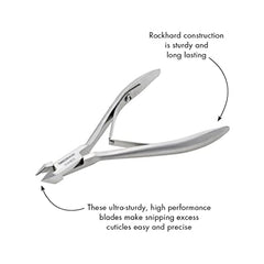 Tweezerman Rockhard Cuticle Nipper in hand demonstrates ergonomic grip for easy mani-pedis.