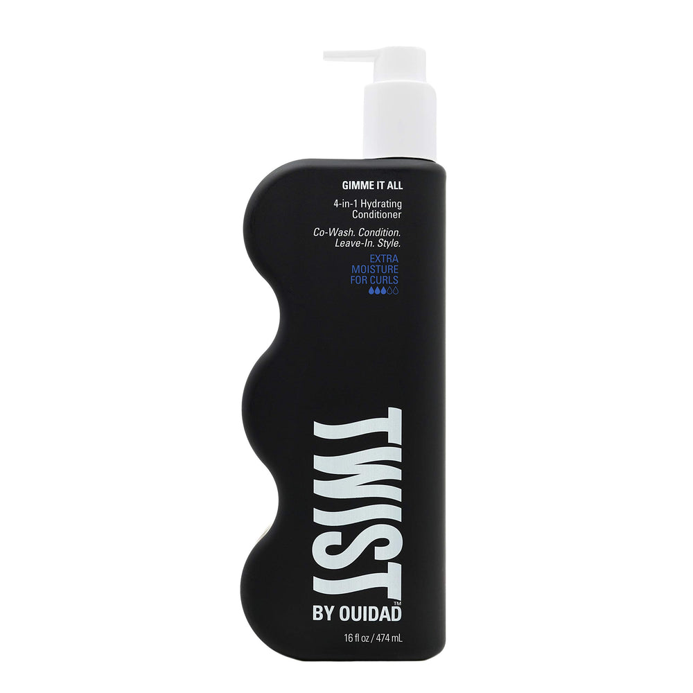 TWIST Gimme It All bottle pour demonstrates quick rinse hydration for curls.