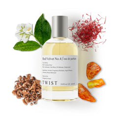 Twist Red Velvet No. 4 bottle shows unisex amber floral fragrance for all-day wear