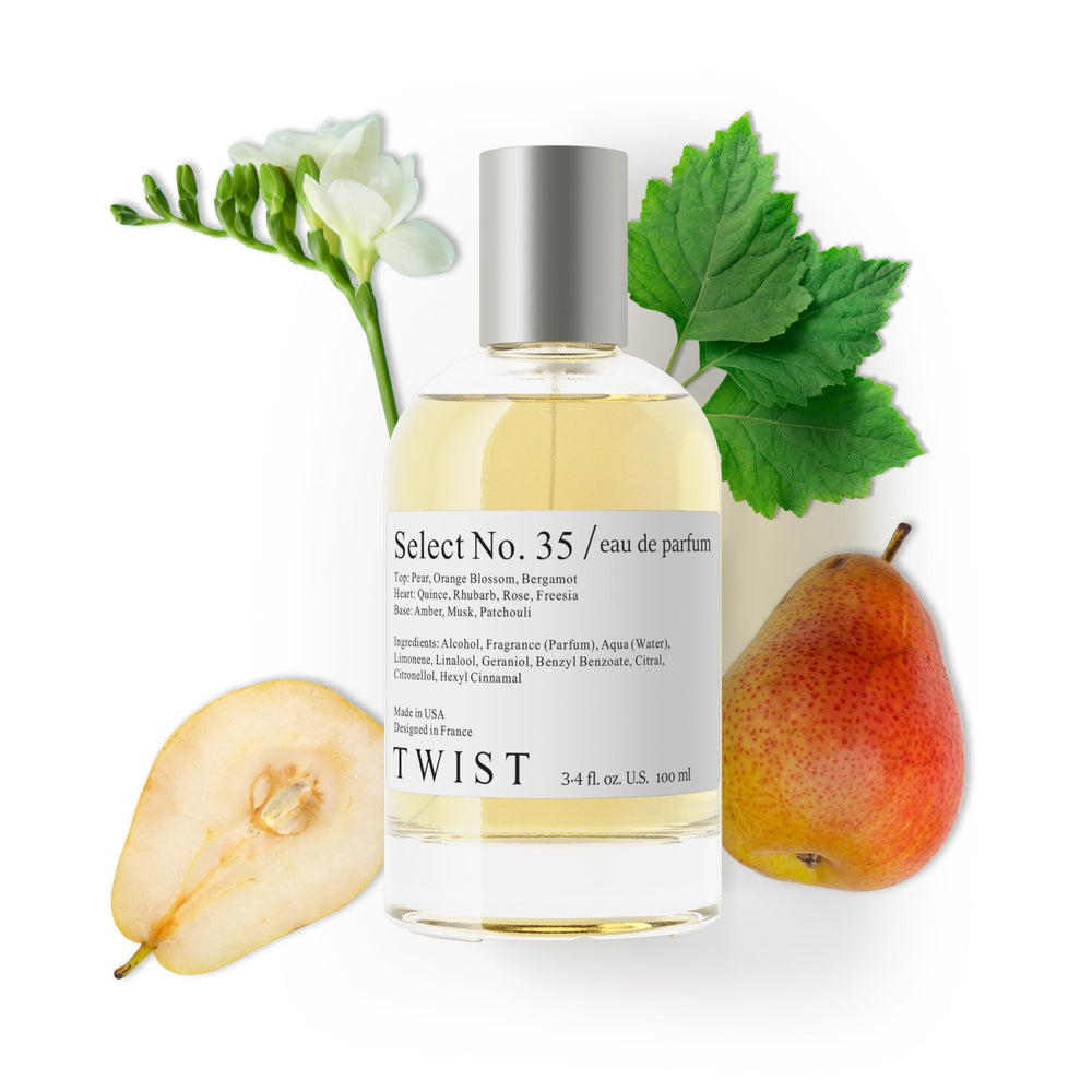 Twist Select No. 35 bottle front view shows refined, long-lasting fragrance
