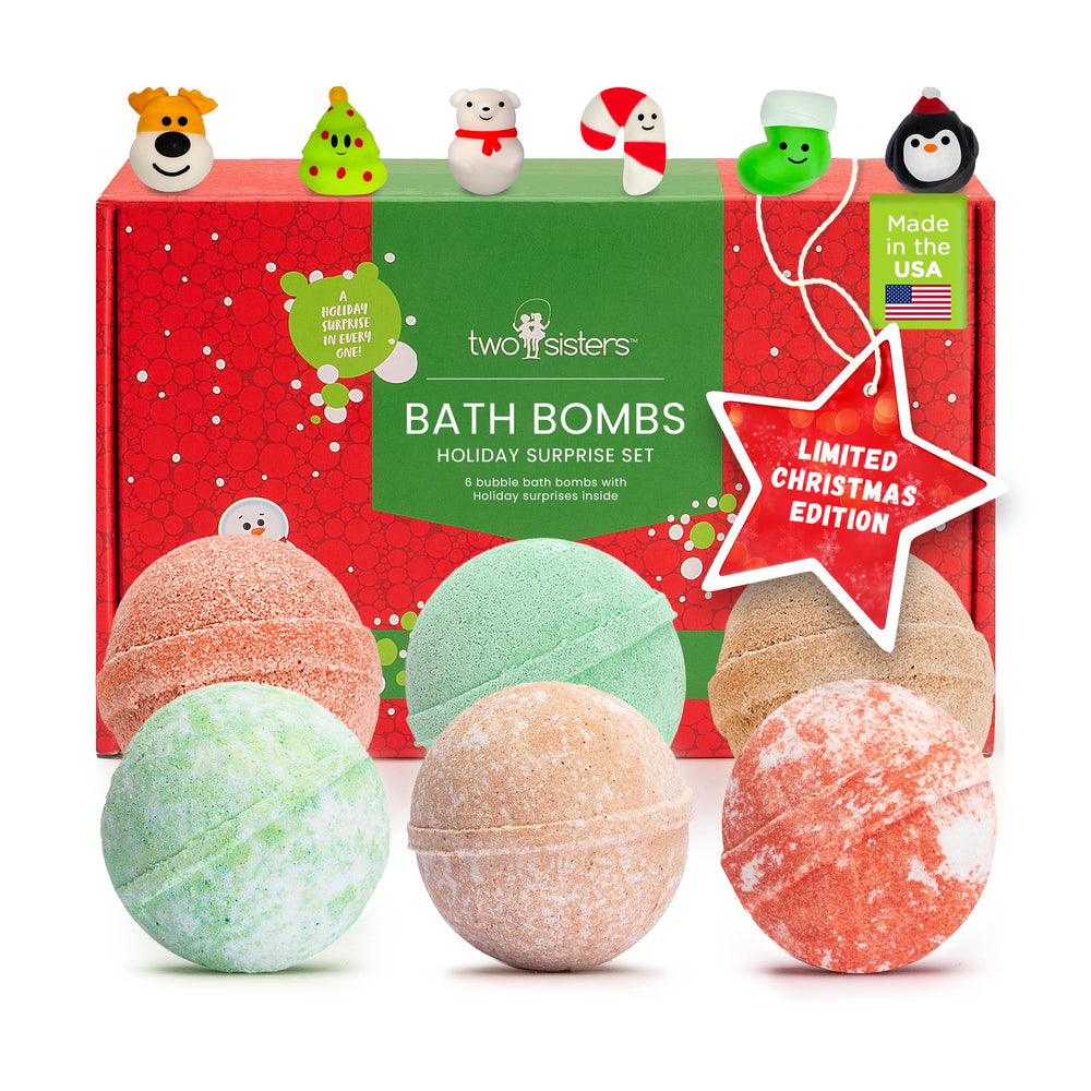 Two Sisters Christmas Bath Bombs pack front showcasing festive colors and gift-ready packaging.