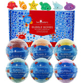 Two Sisters sea animal bath bombs in a 6-pack with vibrant colors and fizzing bubbles