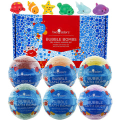 Two Sisters sea animal bath bombs in a 6-pack with vibrant colors and fizzing bubbles